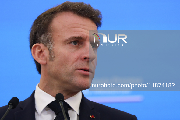 In Warsaw, Poland, on December 12, 2024, French President Emmanuel Macron meets with Polish Prime Minister Donald Tusk at the Chancellery of...