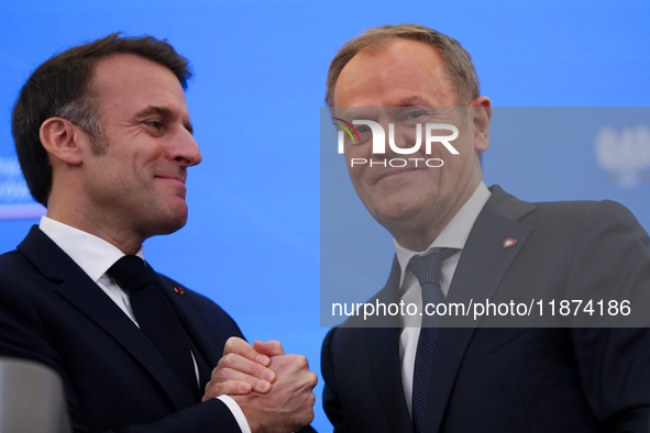 In Warsaw, Poland, on December 12, 2024, President of the French Republic Emmanuel Macron meets with Prime Minister of Poland Donald Tusk at...