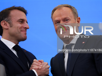 In Warsaw, Poland, on December 12, 2024, President of the French Republic Emmanuel Macron meets with Prime Minister of Poland Donald Tusk at...