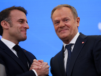 In Warsaw, Poland, on December 12, 2024, President of the French Republic Emmanuel Macron meets with Prime Minister of Poland Donald Tusk at...