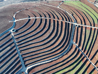 Stacked rice terraces formed by barren mountains are seen in Zaozhuang, China, on December 15, 2024. (