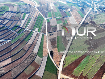 Stacked rice terraces formed by barren mountains are seen in Zaozhuang, China, on December 15, 2024. (