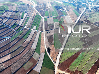 Stacked rice terraces formed by barren mountains are seen in Zaozhuang, China, on December 15, 2024. (