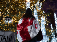 The main Christmas tree and New Year's illuminations are illuminated on Rustaveli Avenue as anti-government demonstrators gather outside the...