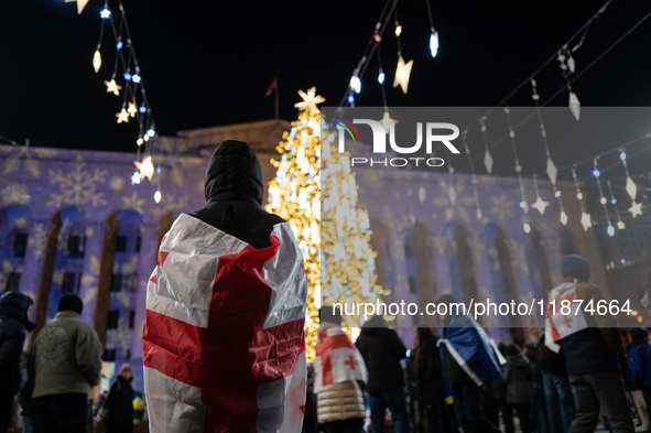 The main Christmas tree and New Year's illuminations are illuminated on Rustaveli Avenue as anti-government demonstrators gather outside the...