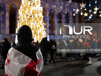 The main Christmas tree and New Year's illuminations are illuminated on Rustaveli Avenue as anti-government demonstrators gather outside the...