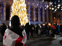 The main Christmas tree and New Year's illuminations are illuminated on Rustaveli Avenue as anti-government demonstrators gather outside the...