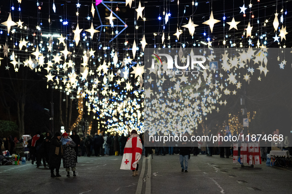 The main Christmas tree and New Year's illuminations are illuminated on Rustaveli Avenue as anti-government demonstrators gather outside the...