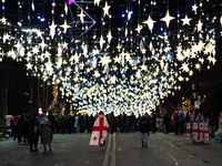 The main Christmas tree and New Year's illuminations are illuminated on Rustaveli Avenue as anti-government demonstrators gather outside the...