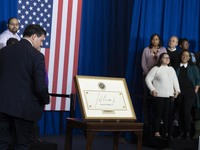 President Joe Biden signs a proclamation establishing a national monument to honor the first female Cabinet secretary, Frances Perkins, the...