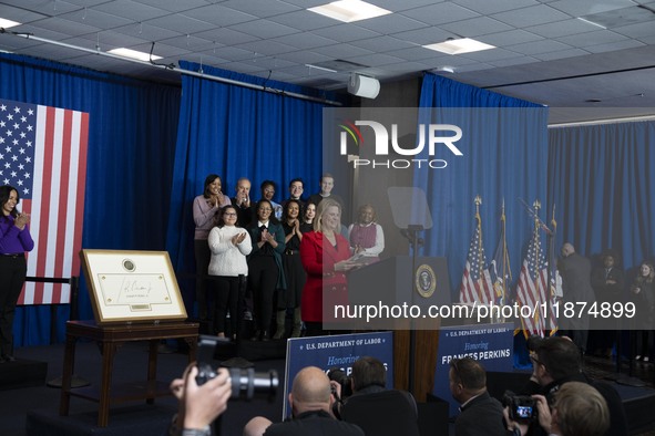 President Joe Biden signs a proclamation establishing a national monument to honor the first female Cabinet secretary, Frances Perkins, the...