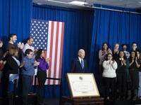 President Joe Biden signs a proclamation establishing a national monument to honor the first female Cabinet secretary, Frances Perkins, the...