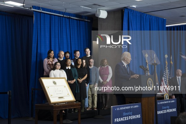 President Joe Biden signs a proclamation establishing a national monument to honor the first female Cabinet secretary, Frances Perkins, the...