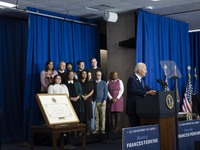 President Joe Biden signs a proclamation establishing a national monument to honor the first female Cabinet secretary, Frances Perkins, the...