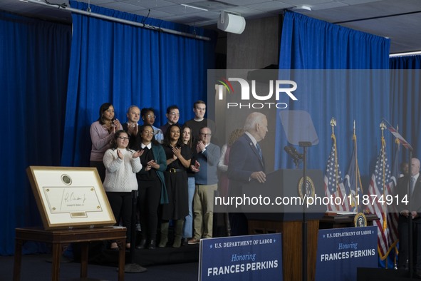 President Joe Biden signs a proclamation establishing a national monument to honor the first female Cabinet secretary, Frances Perkins, the...