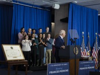 President Joe Biden signs a proclamation establishing a national monument to honor the first female Cabinet secretary, Frances Perkins, the...