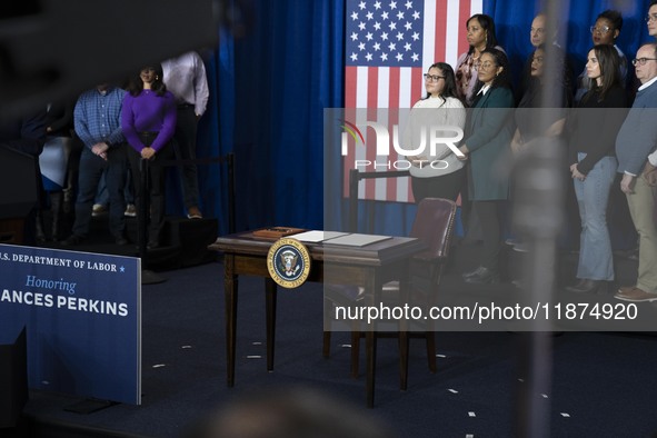 President Joe Biden signs a proclamation establishing a national monument to honor the first female Cabinet secretary, Frances Perkins, the...