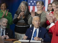 President Joe Biden signs a proclamation establishing a national monument to honor the first female Cabinet secretary, Frances Perkins, the...