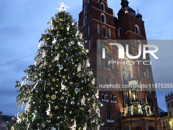 A view of the Christmas tree and St. Mary's Church at Main Square in Krakow, Poland on December 16, 2024. (