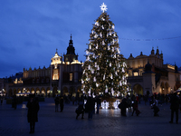 A view of Cloth Hall the Christmas tree at Main Square in Krakow, Poland on December 16, 2024. (