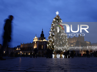 A view of Cloth Hall the Christmas tree at Main Square in Krakow, Poland on December 16, 2024. (