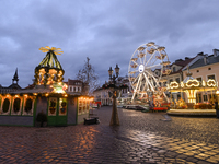 RZESZOW, POLAND - DECEMBER 16:
A general view of the Christmas Market at Main Market Square opening in the afternoon amid strong winds after...