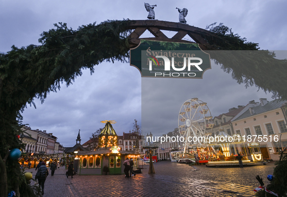 RZESZOW, POLAND - DECEMBER 16:
A general view of the Christmas Market at Main Market Square opening in the afternoon amid strong winds after...