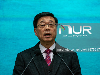 Hong Kong Chief Executive John Lee speaks to the media before his executive council meeting in Hong Kong, China, on December 17, 2024. (