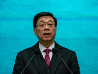 Hong Kong Chief Executive John Lee speaks to the media before his executive council meeting in Hong Kong, China, on December 17, 2024. (