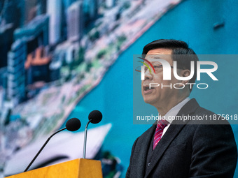 Hong Kong Chief Executive John Lee speaks to the media before his executive council meeting in Hong Kong, China, on December 17, 2024. (