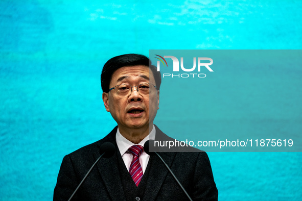 Hong Kong Chief Executive John Lee speaks to the media before his executive council meeting in Hong Kong, China, on December 17, 2024. 