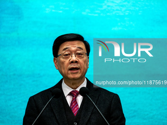 Hong Kong Chief Executive John Lee speaks to the media before his executive council meeting in Hong Kong, China, on December 17, 2024. (