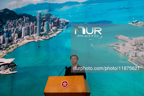 Hong Kong Chief Executive John Lee speaks to the media before his executive council meeting in Hong Kong, China, on December 17, 2024. 