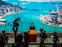 Hong Kong Chief Executive John Lee speaks to the media before his executive council meeting in Hong Kong, China, on December 17, 2024. (