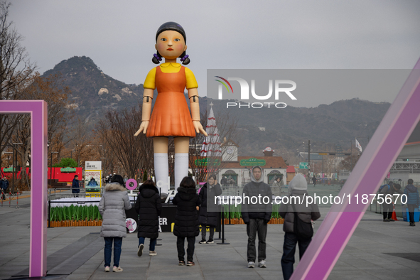 A 7-meter-tall statue of Young-hee, the iconic doll from the Netflix series Squid Game, is displayed at Gwanghwamun Square in Seoul, South K...