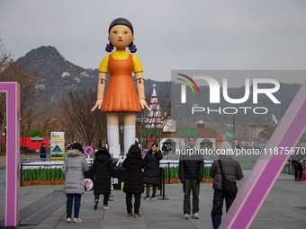 A 7-meter-tall statue of Young-hee, the iconic doll from the Netflix series Squid Game, is displayed at Gwanghwamun Square in Seoul, South K...