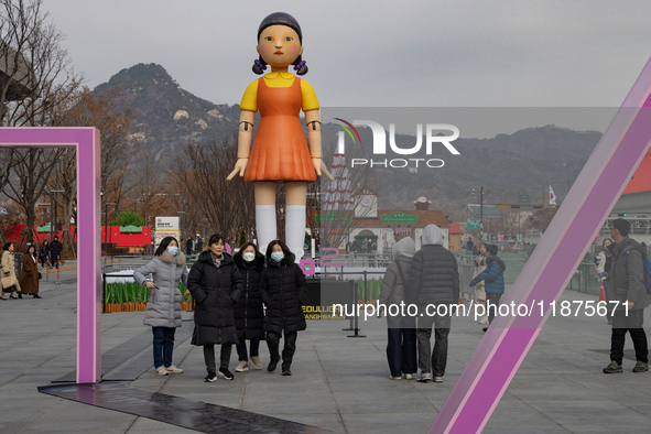 A 7-meter-tall statue of Young-hee, the iconic doll from the Netflix series Squid Game, is displayed at Gwanghwamun Square in Seoul, South K...