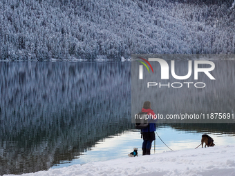 A woman with two dogs stands near the edge of the snow-covered Lake Eibsee, holding the leashes of two dogs, in Grainau, Bavaria, Germany, o...