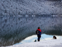 A woman with two dogs stands near the edge of the snow-covered Lake Eibsee, holding the leashes of two dogs, in Grainau, Bavaria, Germany, o...