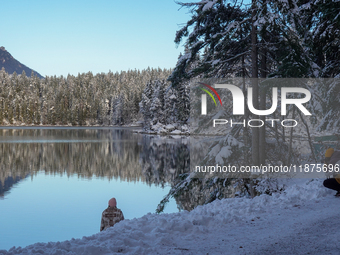 A photographer captures the reflection of snow-covered trees at Lake Eibsee in Grainau, Bavaria, Germany, on December 13, 2024. This winter...