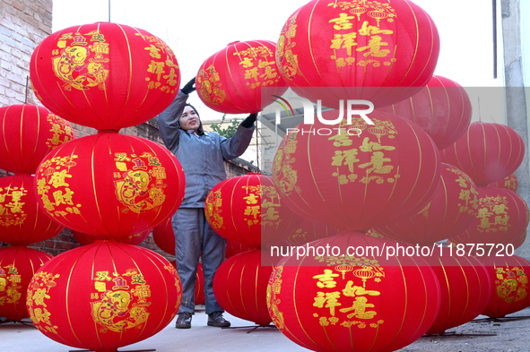 A worker dries red lanterns in Handan, China, on December 17, 2024. 