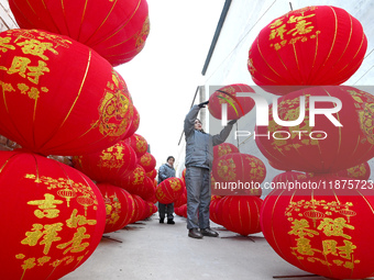 A worker dries red lanterns in Handan, China, on December 17, 2024. (