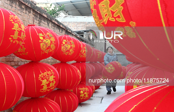 A worker dries red lanterns in Handan, China, on December 17, 2024. 