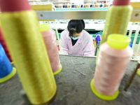 A female worker produces embroidery products for export at a workshop in Lianyungang, China, on December 17, 2024. (