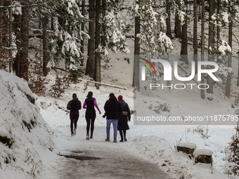 Hikers are at Eibsee in Grainau, Bavaria, Germany, on December 13, 2024. The lake is located 9 km southwest of Garmisch-Partenkirchen below...