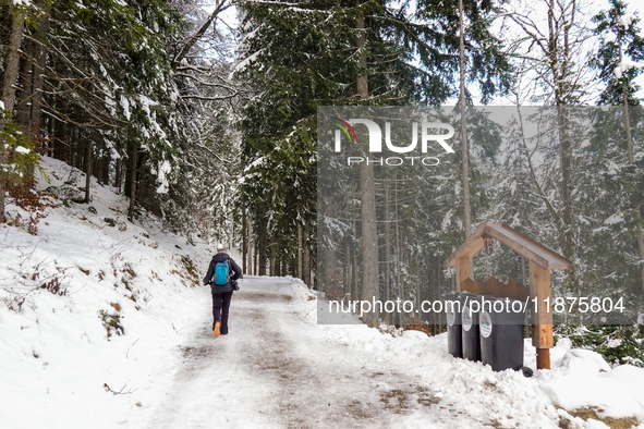 Hikers are at Eibsee in Grainau, Bavaria, Germany, on December 13, 2024. The lake is located 9 km southwest of Garmisch-Partenkirchen below...