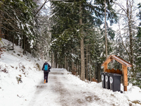 Hikers are at Eibsee in Grainau, Bavaria, Germany, on December 13, 2024. The lake is located 9 km southwest of Garmisch-Partenkirchen below...