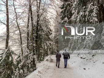 Hikers are at Eibsee in Grainau, Bavaria, Germany, on December 13, 2024. The lake is located 9 km southwest of Garmisch-Partenkirchen below...