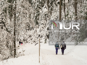 Hikers are at Eibsee in Grainau, Bavaria, Germany, on December 13, 2024. The lake is located 9 km southwest of Garmisch-Partenkirchen below...