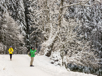 Hikers are at Eibsee in Grainau, Bavaria, Germany, on December 13, 2024. The lake is located 9 km southwest of Garmisch-Partenkirchen below...